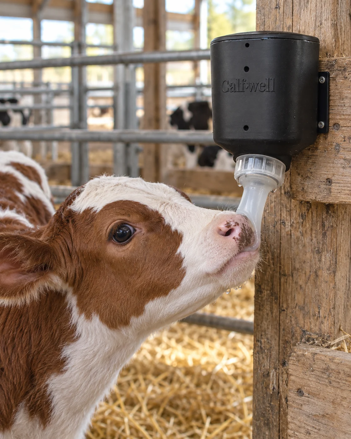 Product-use visualization showing a calf's muzzle around the CalfWell drinking nipple, with the closed reservoir above