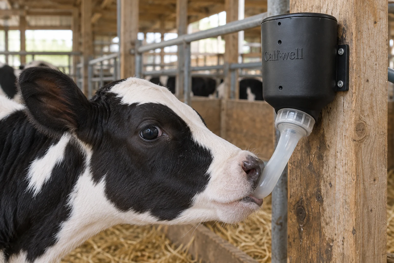 Product-use visualization of a young calf drinking from a CalfWell drinker mounted at the pen in a dairy barn