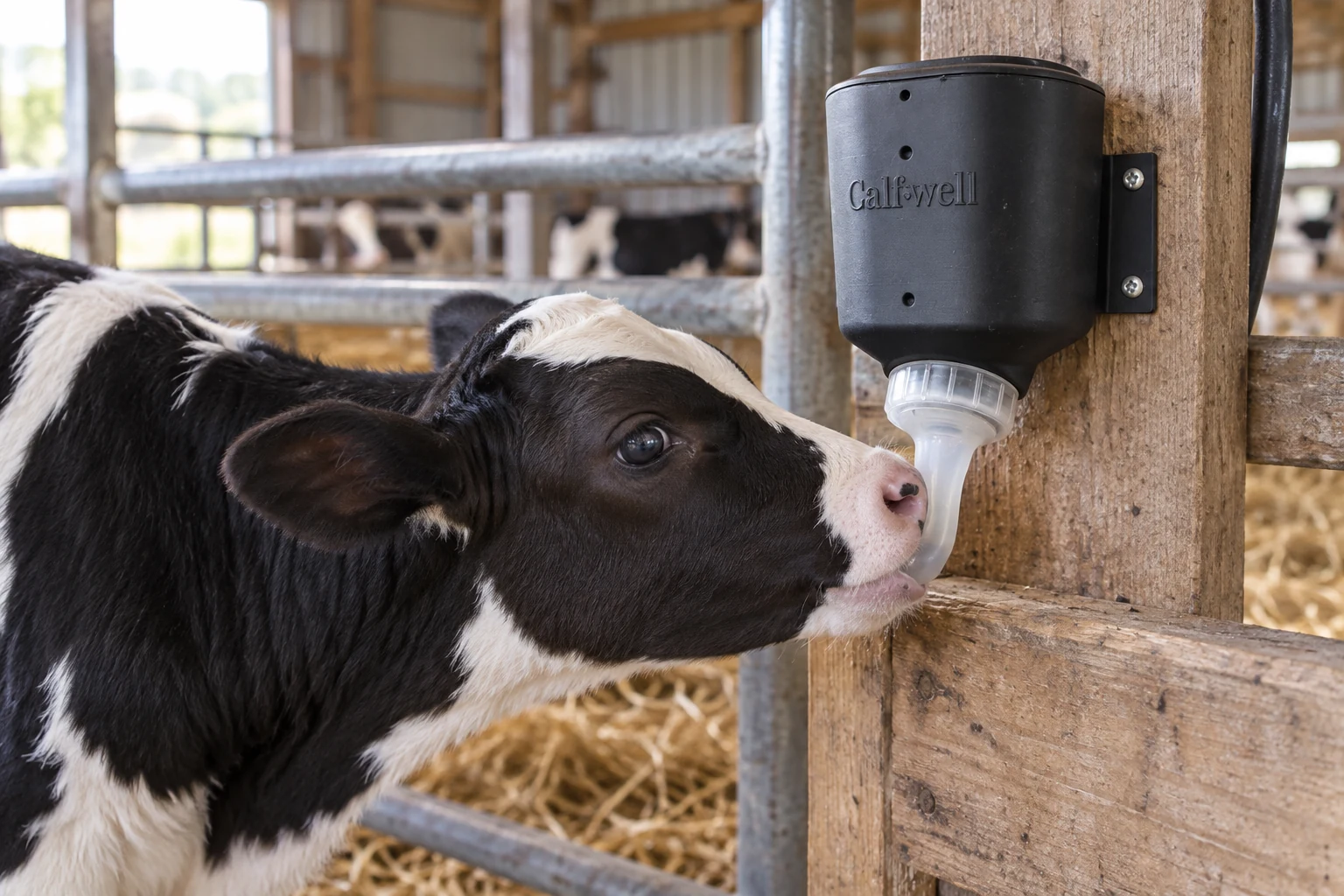 Illustrative farm scene: a calf drinking through a CalfWell nipple, with the covered unit mounted at the pen and supplied by a water line