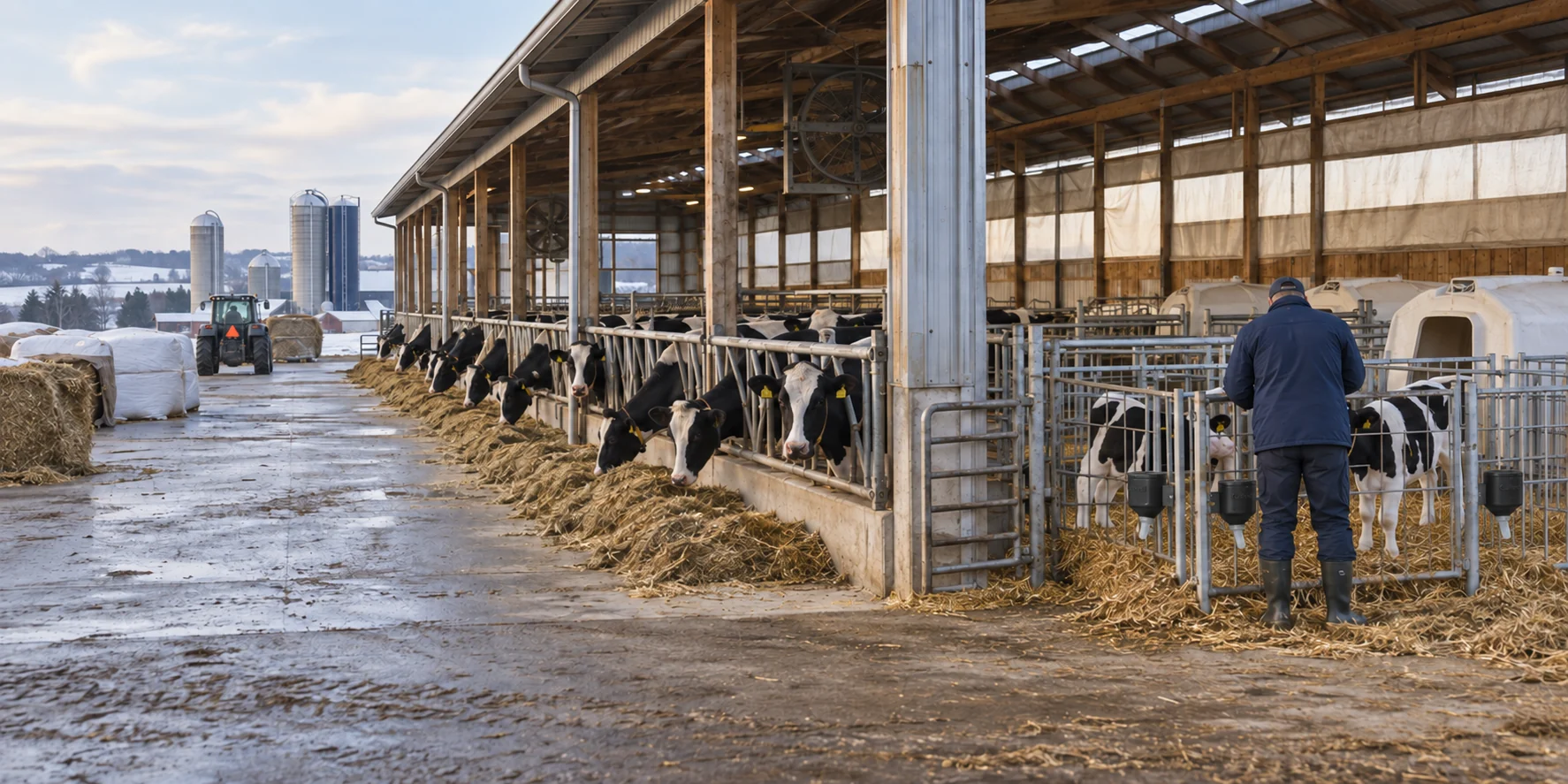 Illustrative morning scene in a working dairy farmyard, with Holstein cows and a farmer checking calf pens fitted with CalfWell drinkers