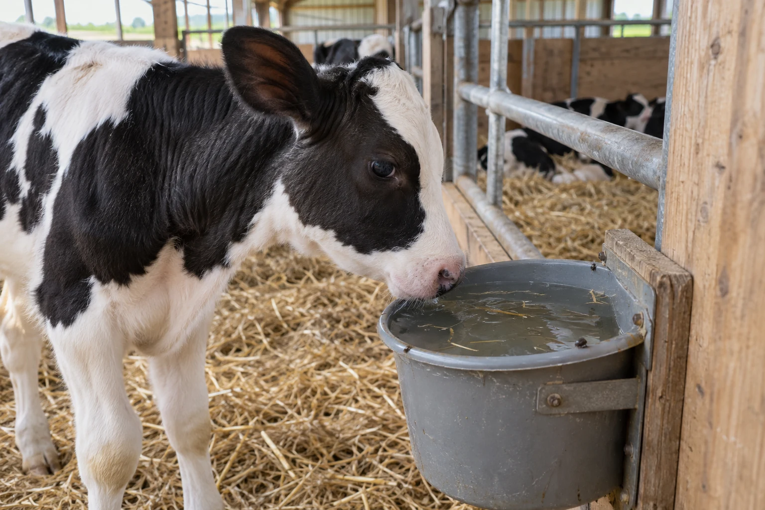 Illustrative farm scene: a calf beside an open water pail with straw in the water